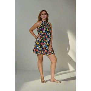 Vestido Halter con Estampado Floral, 100% Algodón, Estampado Digital, Cintura Natural, Corte en A, para Uso Diario o Fiestas, Talla XS, Alta Calidad - Product Image 1