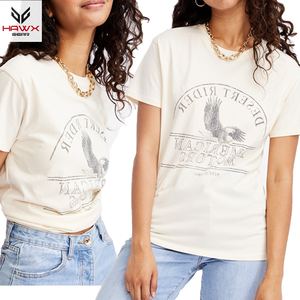 Camiseta de verano para mujer con logotipo personalizado Diseño en línea Cuello redondo Ropa de calle Patrón impreso Tela lisa - Product Image 6