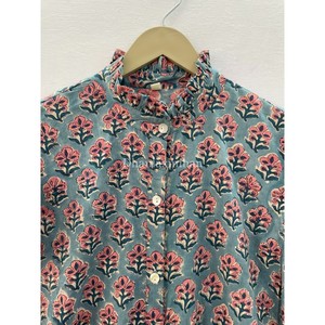 100% bông tay khối in mùa hè Maxi Dress đối với phụ nữ handmade diềm nút xuống đứng cổ áo giản dị nút xuống Ăn mặc - Product Image 4