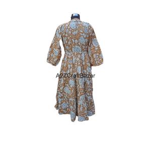 Vestido MIDI indio hecho a mano 100% algodón A-Line silueta ecológico para mujer nuevo diseño estampado Floral cuello en V manga 3/4 noche - Product Image 6