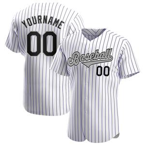 Meilleures ventes Vêtements d'équipe personnalisés Maillot de baseball authentique noir-gris à fines rayures blanc et violet - Product Image 1