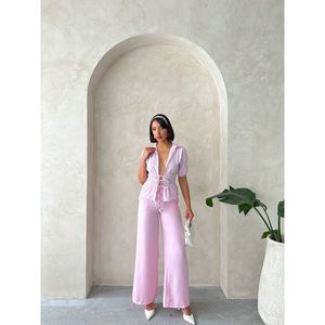 Blusa de Mujer TOPSHOW, Color Rosa, 100% Algodón, a Rayas, con Lazo Delantero, para Uso Diario Informal y de Oficina - Product Image 6