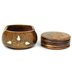 Hot Selling Gift <b>Set</b> Sustainable Square Shape <b>Tea</b> Cup Desk Mat Slate <b>Wood</b> & Brass Inlay Insulation - Product Image 2