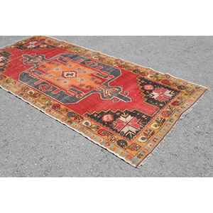 Vintage Turkish <b>Wool</b> Large Area Rug 4.4 X 9.4ft <b>Red</b> Orange Patchwork Design Latex Backing 10mm Thickness for Hallway Room Decor - Product Image 4