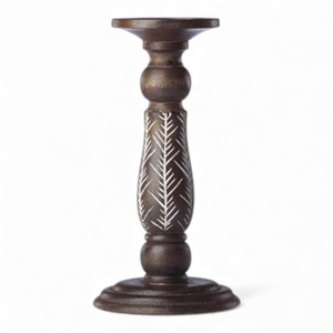 Portavelas de Madera de Mango Natural con Base Cilíndrica Alta y Parte Superior Esculpida para Decoración Rústica Moderna - Product Image 5