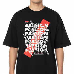 Camiseta Gráfica Abstracta 'PASSION' Roja y Blanca con Tipografía Distorsionada, Camisa Negra Oversize de Algodón Estilo Urbano, Logotipo Personalizado OEM - Product Image 3