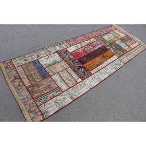 3.1x8.7 ft Rug, Turkish Vintage Rug, <b>Red</b> Patchwork <b>Wool</b> Rug - Product Image 2