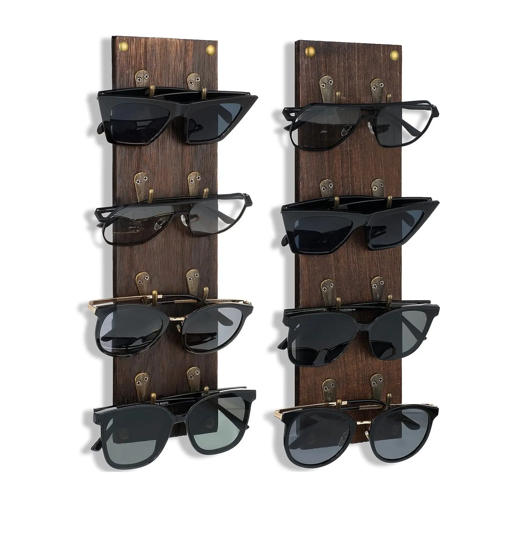 Juego de 2 gafas de sol rústicas montadas, organizador de almacenamiento, soporte de madera para gafas de sol, estante de exhibición de gafas con Metal