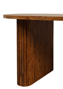 Table à manger ovale moderne en bois d'acacia massif, bords arrondis, motif de lignes, piédestal en bois, finition noyer brun, 6 places - Product Image 5