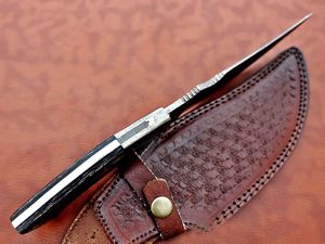 Couteau à dépecer à lame pleine soie en acier damassé fait à la main 2 tons noir Dollar échelle de bois gaine en cuir Support OEM - Product Image 3