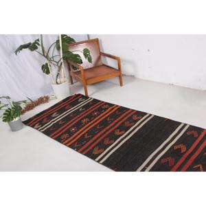 พรมคิลิมตุรกี ขนาด 3.3x10.8 ฟุต สีดำแดงลายดอกไม้ พรมขนสัตว์วินเทจ - Product Image 2