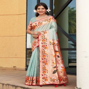 Sari en organza VASTRA COTTAGE avec motifs tissés en zari doré, bordure riche en pallu de Rajhans Swan et chemisier en brocart contrastant - Product Image 1