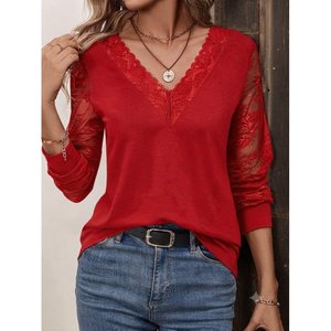 Blusa de viscosa con encaje y cuello en V de manga larga para mujer, 37369 - Rojo - Product Image 1