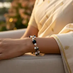 "Charm <b>Bracelet</b> with Freshwater Pearl and Onyx <b>Beads</b> for Women-18K <b>Gold</b> Plated" - Product Image 1