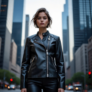 Manteau en cuir Letterman pour femmes Manteau en cuir noir Letterman Streetwear Veste en cuir de vache et de mouton pour femmes - Product Image 4