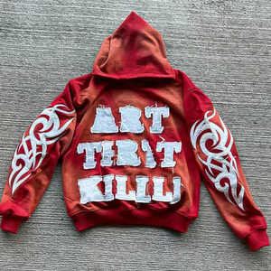 Custom High Quality Men 100% Cotton Fleece Loose Cropped Distressed Applique Patch Embroidery Acid Wash Breathable <b>Zip</b>-<b>Up</b> - Product Image 5