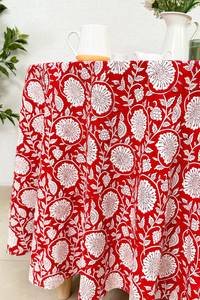 Nappe ronde en coton 100% à motifs floraux rouges, faite à la main, imprimée au bloc, pour la maison, les mariages, les fêtes et l'usage quotidien - Product Image 3