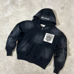 2025 nouveau Design 100% coton lourd Boxy en détresse brodé Logo imprimé manches fermeture éclair hommes lavé à capuche - Product Image 6