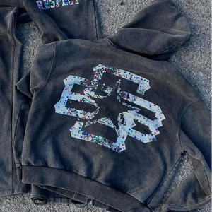 Vente en gros, coupe régulière, ensemble de survêtements à capuche de détresse, tenues de jogging, sérigraphie avec lavage à l'acide et survêtement pour hommes avec strass - Product Image 4