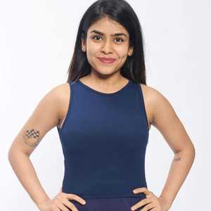 Exclusif femmes bleu côtelé sans manches haut débardeur extensible col rond Spandex tricot Camisole léger tenues d'été - Product Image 4