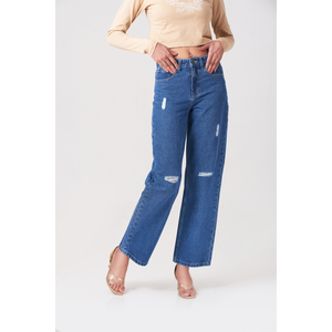 กางเกงยีนส์ขาดเอวสูง culotte สีน้ำเงิน - Product Image 5