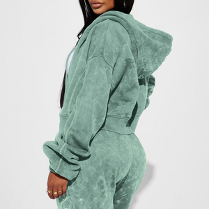 Ensemble de survêtement personnalisé avec logo, jogging épais, sweat à capuche splicé et délavé, sweat à capuche orné de strass, sweat à capuche court, ensemble de pantalons de survêtement amples - Product Image 4