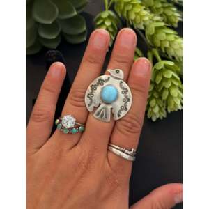 Randy Boyd's Golden Hills <b>Statement</b> <b>Ring</b> Turquoise Sterling <b>Silver</b> Thunderbird Oval Cut Bezel Setting Size 6 Everyday Wear - Product Image 2