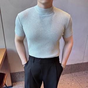 T-shirt Slim Fit à manches courtes en soie de glace tricotée à la mode d'été pour hommes Business Causal Classic Retro T Shirt - Product Image 2