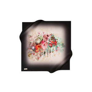 Black Crepe Satin Square Floral Scarf-Silk Cotton Handkerchief - Product Image 1