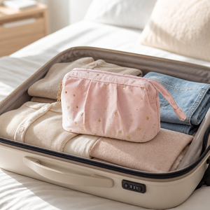 Bolsa de Cosméticos Rosa de Terciopelo con Diseño de Estrella, Bolsa de Aseo Grande para Viaje con Doble Cierre y Asas - Product Image 3