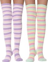 Chaussettes hautes en tricot épais pour femmes, chaudes, d'hiver, au-dessus du genou, longues, rayées, duveteuses, confortables, en polaire corail