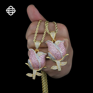 Personalizado Hiphop Moissanite Iced Out Rose Flower colgante collar para mujeres y hombres Rosa Bling chapado en oro declaración joyería - Product Image 6