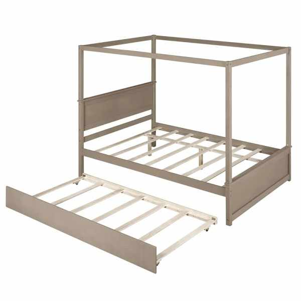 Full Size Light Brown Brushed Wood Canopy Bed with Trundle for Kids' Bedroom OEM Service Supplier Vietnam Following Your Brand