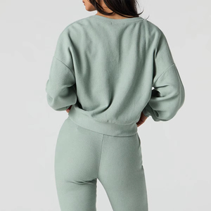 Sweat-shirt en molleton délavé à col en V et manches longues pour femme, 100 % coton, style vintage automne/hiver, vente en gros OEM - Product Image 4