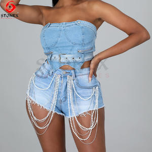 Offre Spéciale Streetwear Denim deux pièces jupe décorée de perles femmes courte et Mini jupe ensemble prix de gros bas quantité minimale de commande - Product Image 6
