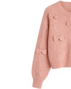 Pull court en tricot torsadé rose poudré pour femme, personnalisé, avec nœud décoratif, manches longues, col rond, mode d'hiver mignonne - Product Image 3