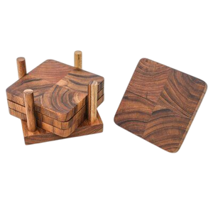 Simple Look Walnut Finished Square Shape <b>Wooden</b> Coasters With Holder for Home Hotel <b>Table</b> Top Glass Cover Use <b>Mat</b> Pads & Coaster - Product Image 3