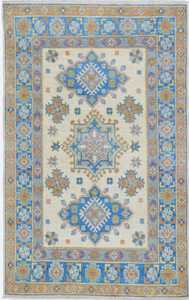 Tapis géométrique de style kazak tissé à la main bleu et ivoire pour la décoration de la maison du salon - Product Image 2