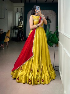 Premium Navratri Chanderi <b>Lehenga</b> with Mirror Patchwork Work G Party Style All Seasons <b>Women</b> - Product Image 2