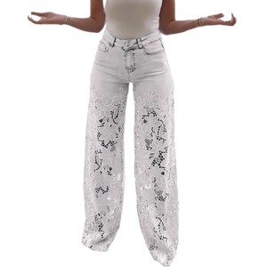 2025 primavera ed estate <span class=keywords><strong>pantaloni</strong></span> larghi a <span class=keywords><strong>vita</strong></span> <span class=keywords><strong>alta</strong></span> da donna alla moda ed <span class=keywords><strong>eleganti</strong></span> Jeans Patchwork in Denim stringati completamente abbinati - Product Image 1