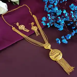 Indian Wholesaler Ethnic Jewelry Multilayer Ball Chain Floral Round Necklace with Dangle Earring Wedding Necklace Set For Women