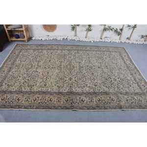 Tapis de Salon Turc Vintage Classique Beige Bleu Floral 6.5X9.8 pi Laine Grande Surface Tapis de Salon pour Adolescents Patchwork Motif Latex - Product Image 1
