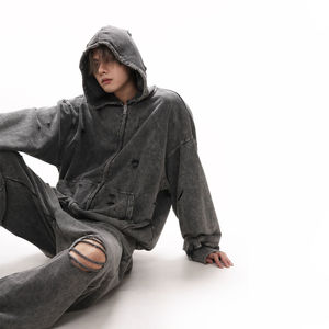 Ropa de calle personalizada para hombre, conjunto de chándal desgastado lavado con ácido, 100% algodón, cremallera, Sudadera con capucha, pantalón acampanado, chándal estampado, Invierno - Product Image 1