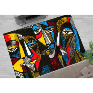Tapis imprimé avec des visages colorés surréalistes - Portrait abstrait moderne intérieur/extérieur, tapis doux non tissé - Product Image 1