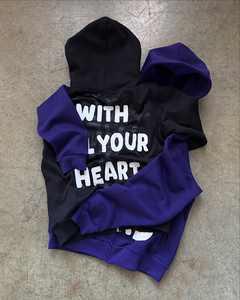 Premium <b>Black</b> Y2K Denim French Terry <b>Zip</b> <b>up</b> <b>Hoodie</b> Breathable Cotton Patchwork with Washed Distressed Embroidery Custom Zipper - Product Image 5