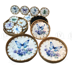 Handwoven Rattan Tray with Mother of Pearl Inlay Natural Woven <b>Butterfly</b> Serving Tray for Home Decor <b>Tea</b> Coffee Table Display - Product Image 1