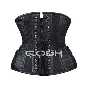 Corset noir en brocart avec baleines en acier, sangles et boucle en cuir - Product Image 6