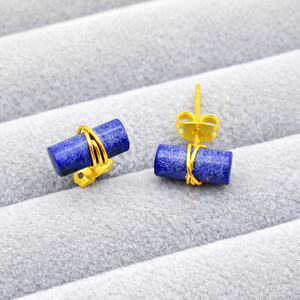Natural Lapis Lazuli Tube <b>Stud</b> Earring Gold Plated Wire Wrapped Gemstone <b>Stud</b> Earring, Valentine Gift jewelry - Product Image 4