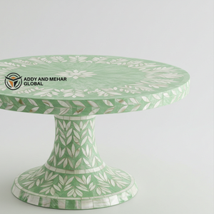 Luxury Green <b>Mother</b> of Pearl Inlay Cake Stand Handcrafted Floral Leaf Pedestal Dessert Plate - Product Image 2