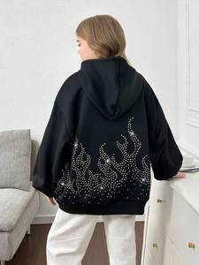 Ropa de calle de gran tamaño para mujer, negra sudadera con cremallera, diseño de llamas de diamantes de imitación, manga de cristal en la espalda, prendas de vestir exteriores de lana de algodón personalizadas - Product Image 2
